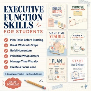 May include: A set of six educational posters titled Executive Function Skills for Students, featuring illustrations and text for planning, breaking down tasks, time management, and focus. The design uses a light grid background with pencils.