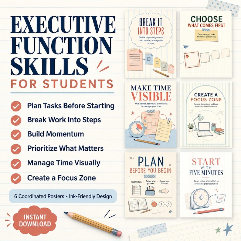 May include: A set of six educational posters titled Executive Function Skills for Students, featuring illustrations and text for planning, breaking down tasks, time management, and focus. The design uses a light grid background with pencils.