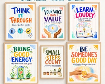 Positive Classroom Posters: Set of 6 Motivational Growth Mindset Wall Art Prints
