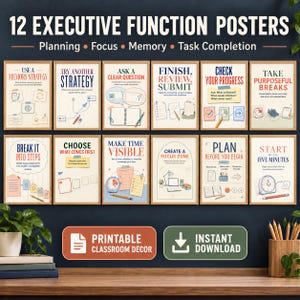 May include: A set of 12 executive function posters featuring educational text and illustrations for planning, focus, memory, and task completion. The posters include titles like Use a Memory Strategy, Try Another Strategy, and Start with Five Minutes.