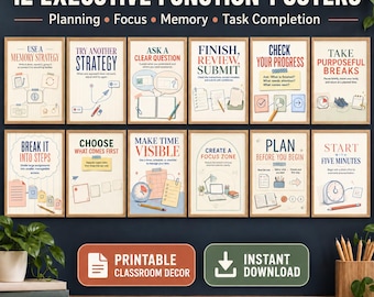 Executive Function Posters, Study Skills Classroom Decor, Set of 12 Printable Learning Strategy Prints