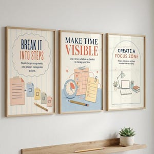 May include: Three framed wall art prints with light backgrounds and vertical stripes. The first reads Break It Into Steps, the second Make Time Visible with a clock and checklist, and the third Create A Focus Zone with a desk illustration.