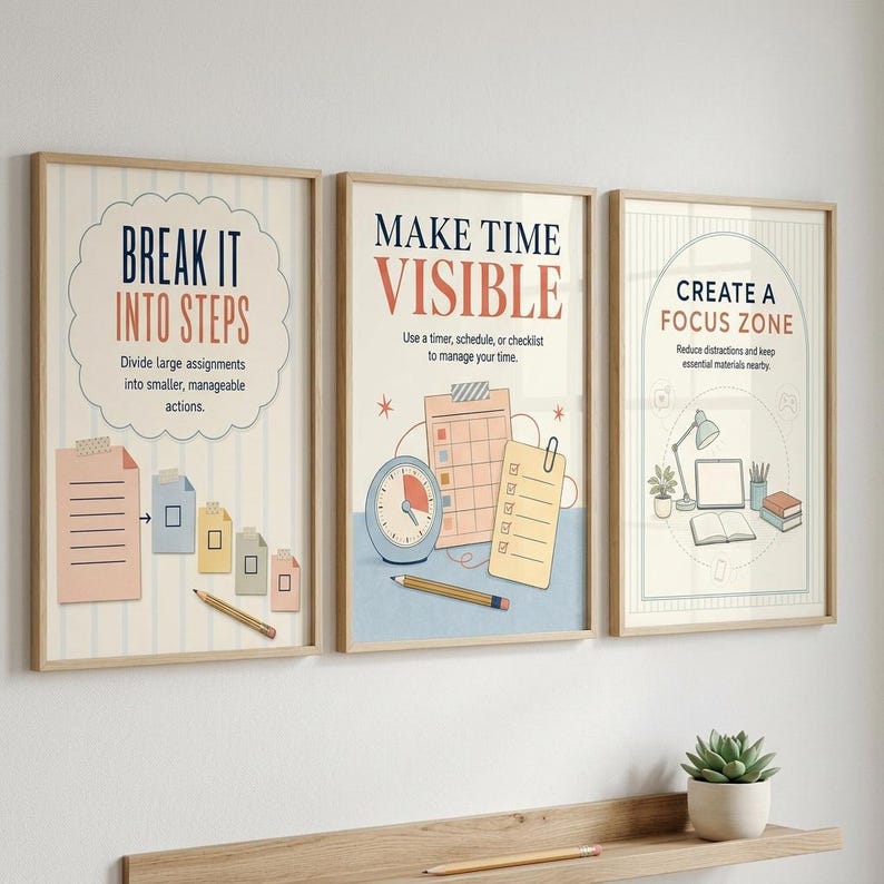 May include: Three framed wall art prints with light backgrounds and vertical stripes. The first reads Break It Into Steps, the second Make Time Visible with a clock and checklist, and the third Create A Focus Zone with a desk illustration.