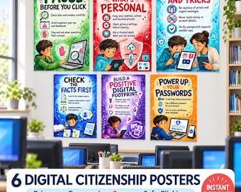 Digital Citizenship Posters: Set of 6 Internet Safety Prints for Kids and Classrooms