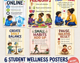 SEL Classroom Posters: Set of 6 Student Wellness and Coping Skills Prints