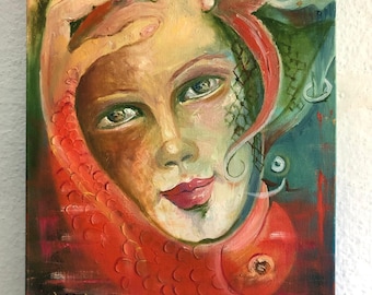 Handmade Surreal Mermaid Oil Painting, Original Woman Portrait, 30x40 cm