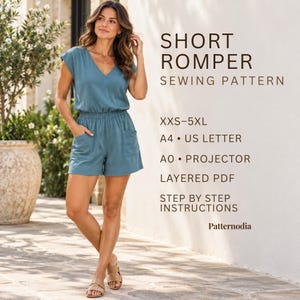Short Romper Pattern, Womens Playsuit PDF Sewing, Plus Size XXS-5XL, Beginner, Layered A0 Projector
