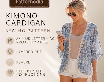 Kimono Cardigan Pattern, Cover Up Duster, XS-5XL Layered PDF, A0 A4 US Letter Projector
