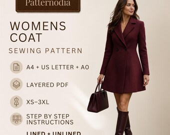 Womens Coat Sewing Pattern, Lined Unlined Tailored PDF, Princess Seam Winter, XS-3XL, Instant Download