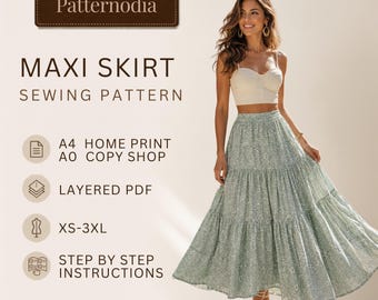 Maxi Skirt Pattern, Tiered Elastic Waist, Sizes XS-3XL, Beginner Sewing PDF A0 + A4