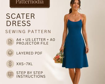 Skater Dress Pattern, Strappy Summer PDF, XXS–7XL, A4-US Letter, A0, Projector File