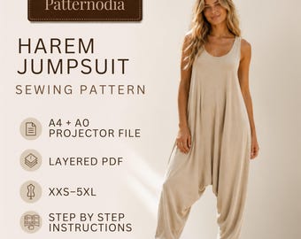 Women's Harem Jumpsuit Sewing Pattern: Drop Crotch Romper (A4-A0-Projector File PDF)
