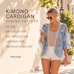Kimono Cardigan Pattern, Cover Up Duster, XS-5XL Layered PDF, A0 A4 US Letter Projector