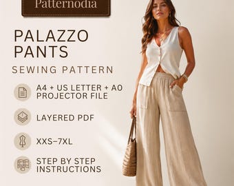 Palazzo Pants PDF Sewing Pattern, Wide Leg Trousers, Cargo Pockets (XXS-7XL)