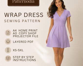 Wrap Dress Pattern, Short Sleeve Fit Flare Mini, Beginner Friendly (PDF Download)