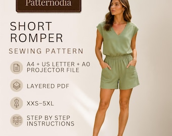 Short Romper Pattern, Womens Playsuit PDF Sewing, Plus Size XXS-5XL, Beginner, Layered A0 Projector