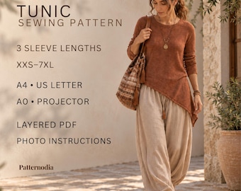 Tunic Sewing Pattern, Women’s Asymmetric Hem Top, 3 Sleeve Lengths, XXS-7XL PDF Pattern