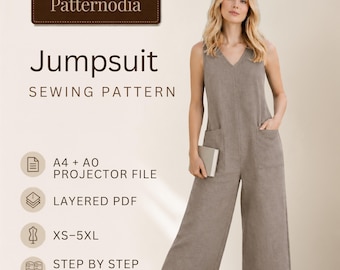 Jumpsuit Sewing Pattern | Sleeveless Wide Leg, Sizes XS-5XL | Linen PDF, Layered + Projector File