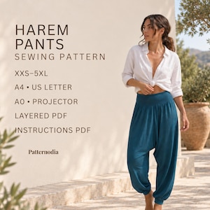 Patrón de pantalones harem / Pantalones de tiro bajo en PDF / Tallas XXS-5XL / A4 A0 Proyector