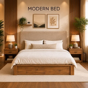 May include: A wooden platform bed with a beige upholstered headboard, white bedding, and a long lumbar pillow. The bed is flanked by two wooden nightstands with lamps, and the wall features vertical wood slats and the text MODERN BED.