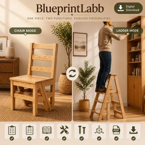 Puede incluir: Un mueble convertible de madera clara mostrado en dos configuraciones: una silla con respaldo de listones y una escalera de mano. El texto BlueprintLabb, One Piece. Two Functions. Endless Possibilities., Chair Mode y Ladder Mode es visible.