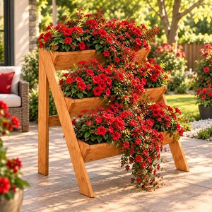 May include: A three-tiered wooden planter stand with an A-frame design, featuring three horizontal troughs filled with vibrant red flowers. The natural wood grain is visible on the angled side supports and the rectangular planting boxes.