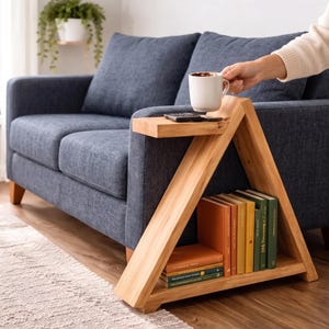 May include: A triangular wooden side table with a flat top surface and a lower shelf containing a row of books. The table is constructed from light-colored wood and features a geometric frame that fits against the side of a blue fabric sofa.