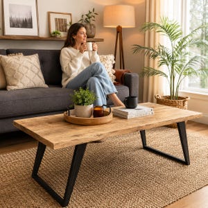 May include: A rectangular coffee table with a light brown wood grain top and black metal legs. On the table sits a round wooden tray containing a small potted green plant and a glass candle, alongside two stacked books and a black ceramic mug.
