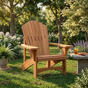 Puede incluir: Una silla Adirondack de madera natural con respaldo curvo de listones, apoyabrazos anchos y asiento inclinado. La silla está construida con tablones de madera verticales con un acabado cálido en color marrón claro y textura veteada.