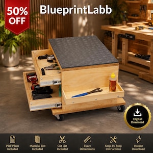 May include: A mobile wooden tool chest with two open drawers containing various tools, a dark gray diamond-plate top surface, and a side shelf holding a small bottle and a wrench. The text BlueprintLabb is visible at the top of the image.