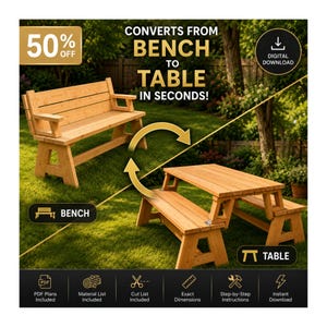 Puede incluir: Una descarga digital de planos de carpintería para construir un banco de madera que se convierte en mesa de picnic. La imagen muestra las configuraciones de banco y mesa con etiquetas de texto e iconos para planos PDF e instrucciones.