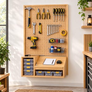 May include: A light wood pegboard wall organizer featuring a variety of hand tools, including a hammer, pliers, screwdrivers, wrenches, and a power drill. The unit includes a built-in desk with clear storage drawers and metal wire baskets.