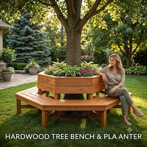 May include: A hexagonal wooden tree bench featuring a built-in raised planter box surrounding a tree trunk. The bench is constructed from light brown horizontal wood planks and includes a central garden area filled with green foliage and purple flowers.