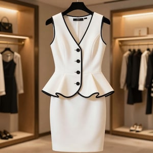May include: A sleeveless white dress with a V-neckline and a peplum waist. The dress features black trim along the neckline, armholes, and peplum hem. Four black buttons are aligned vertically on the front bodice. The skirt is a straight pencil cut.