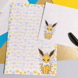 Set di cancelleria Jolteon // Carta da lettere Pokemon con righe e busta // graziosi articoli per amici di penna / fogli di carta da lettere kawaii / anime / gamer