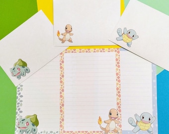 Set di cancelleria Kanto Starters // Carta da lettere Pokémon con righe e buste // Bulbasaur, Charmander e Squirtle