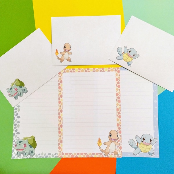 Kanto Starters stationery set // Pokemon writing paper with lines and envelope // cute penpal supplies // kawaii letter paper sheets