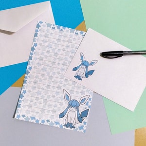 Juego de papelería Glaceon // Papel de carta de Pokémon con líneas y sobre // Lindos suministros para amigos por correspondencia / Hojas de papel de carta kawaii / Anime / Gamer
