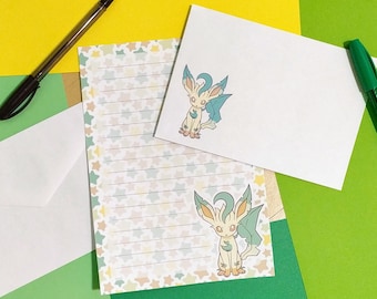 Leafeon stationery set // Pokemon writing paper with lines and envelope // cute penpal supplies / kawaii letter paper sheets / anime / gamer