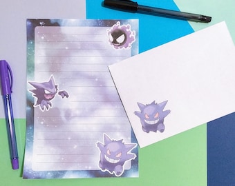 Gastly Haunter Gengar stationery set // Pokemon writing paper with lines and envelope // penpal supplies // letter paper sheets // spooky