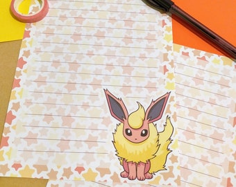 Flareon letter paper // Pokemon writing sheets // cute anime stationery // kawaii penpal supplies // writing paper with lines // kids party