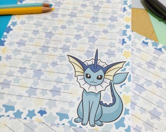 Vaporeon letter paper // Pokemon writing sheets // cute anime stationery // kawaii penpal supplies // writing paper with lines // kids party