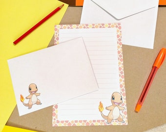 Charmander stationery set // Pokemon writing paper with lines and envelope // cute penpal supplies // kawaii letter paper sheets // anime