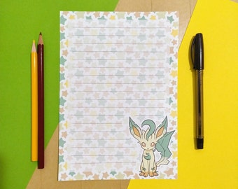 Leafeon letter paper // Pokemon writing sheets // cute anime stationery // kawaii penpal supplies // writing paper with lines // kids party