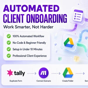 May include: A digital graphic titled AUTOMATED CLIENT ONBOARDING Work Smarter, Not Harder. It features a list of four benefits with green checkmarks and a workflow diagram showing icons for Tally, Make, Google Drive, and Gmail connected by lines.