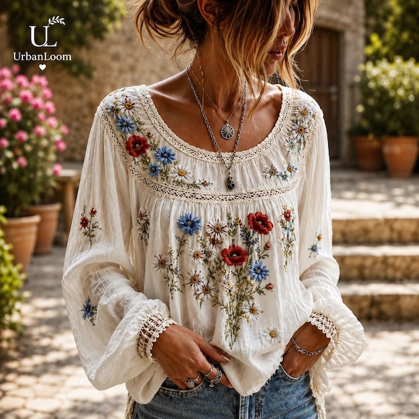 Boho Floral Print Blouse, Women’s Loose Peasant Top, Cottagecore Long Sleeve Casual Shirt
