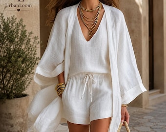 Losse driedelige set katoen/linnen voor dames: mouwloos vest, halflang vest en shorts