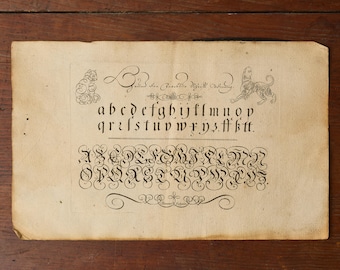 May include: An aged, off-white paper sheet featuring black ink calligraphy. It displays lowercase and uppercase alphabet letters in ornate, swirling script. Two small, detailed animal illustrations flank the top text, which includes the handwritten phrase "Grund der Rechten Schrift Ordnung" and "Brenner Sculpsit" at the bottom.