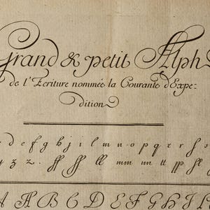 May include: A vintage parchment document featuring ornate black calligraphy. The text reads Grand & petit Alph de l'Ecriture nomm&eacute;e la Courante d'Expe: dition, followed by rows of lowercase and uppercase cursive letters with decorative flourishes.