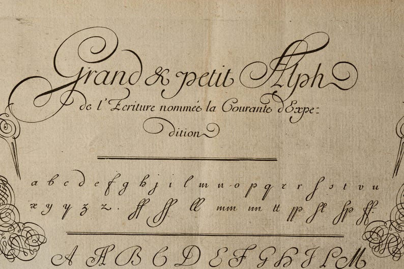 May include: A vintage parchment document featuring ornate black calligraphy. The text reads Grand & petit Alph de l'Ecriture nomm&eacute;e la Courante d'Expe: dition, followed by rows of lowercase and uppercase cursive letters with decorative flourishes.